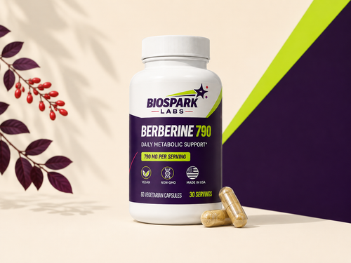 A white bottle of Biospark Labs Berberine 790 dietary supplement capsules, shown with two tan capsules on a beige surface against a dark purple and lime green graphic background.